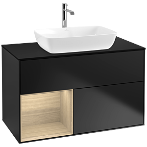 Villeroy und Boch Finion Waschtischunterschrank F772PCPD 100cm, Abdeckplatte black matt, Regale Oak Veneer, Black matt lacquer