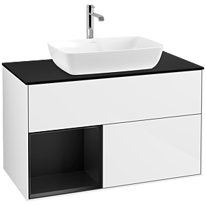 Villeroy und Boch Finion Waschtischunterschrank F772PDGF 100cm, Abdeckplatte black matt, Regale Black matt lacquer, Glossy white lacquer