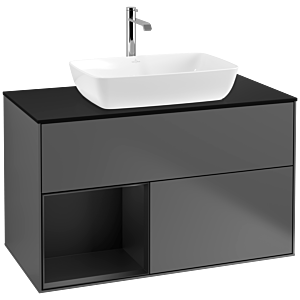 Villeroy und Boch Finion Waschtischunterschrank F772PDGK 100cm, Abdeckplatte black matt, Regale Black matt lacquer, Anthracite matt