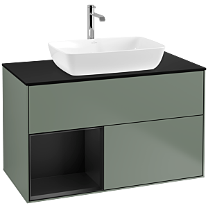 Villeroy und Boch Finion Waschtischunterschrank F772PDGM 100cm, Abdeckplatte black matt, Regale Black matt lacquer, Olive Matt Lacquer