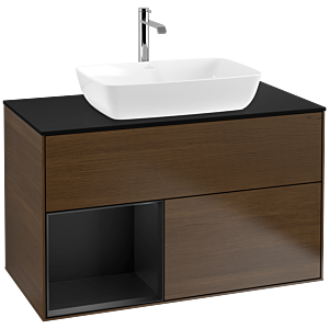 Villeroy und Boch Finion Waschtischunterschrank F772PDGN 100cm, Abdeckplatte black matt, Regale Black matt lacquer, Walnut veneer