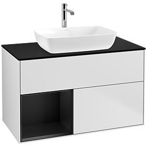 Villeroy und Boch Finion Waschtischunterschrank F772PDMT 100cm, Abdeckplatte black matt, Regale Black matt lacquer, White matt lacquer