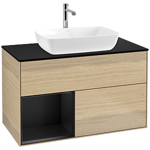 Villeroy und Boch Finion Waschtischunterschrank F772PDPC 100cm, Abdeckplatte black matt, Regale Black matt lacquer, Oak Veneer
