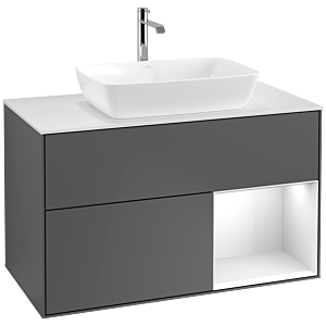 Villeroy und Boch Finion Waschtischunterschrank F781GFGK 100cm, Abdeckplatte white matt, Regale Glossy white lacquer, Anthracite matt