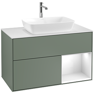 Villeroy und Boch Finion Waschtischunterschrank F781GFGM 100cm, Abdeckplatte white matt, Regale Glossy white lacquer, Olive Matt Lacquer