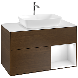 Villeroy und Boch Finion Waschtischunterschrank F781GFGN 100cm, Abdeckplatte white matt, Regale Glossy white lacquer, Walnut veneer