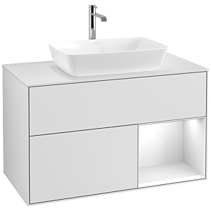 Villeroy und Boch Finion Waschtischunterschrank F781GFMT 100cm, Abdeckplatte white matt, Regale Glossy white lacquer, White matt lacquer