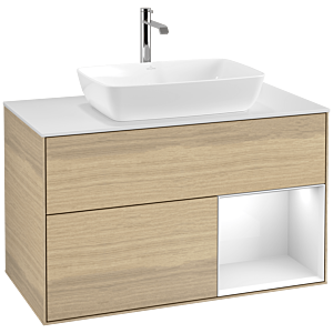 Villeroy und Boch Finion Waschtischunterschrank F781GFPC 100cm, Abdeckplatte white matt, Regale Glossy white lacquer, Oak Veneer