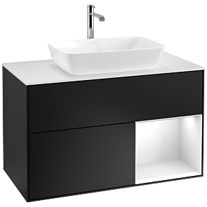 Villeroy und Boch Finion Waschtischunterschrank F781GFPD 100cm, Abdeckplatte white matt, Regale Glossy white lacquer, Black matt lacquer