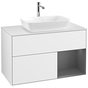 Villeroy und Boch Finion Waschtischunterschrank F781GKGF 100cm, Abdeckplatte white matt, Regale Anthracite matt lacquer, Glossy white lacquer