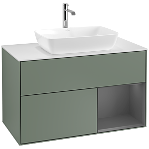Villeroy und Boch Finion Waschtischunterschrank F781GKGM 100cm, Abdeckplatte white matt, Regale Anthracite matt lacquer, Olive Matt Lacquer