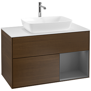 Villeroy und Boch Finion Waschtischunterschrank F781GKGN 100cm, Abdeckplatte white matt, Regale Anthracite matt lacquer, Walnut veneer