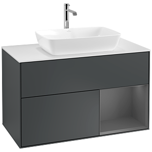 Villeroy und Boch Finion Waschtischunterschrank F781GKHG 100cm, Abdeckplatte white matt, Regale Anthracite matt lacquer, Midnight Blue Matt Lacquer