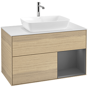 Villeroy und Boch Finion Waschtischunterschrank F781GKPC 100cm, Abdeckplatte white matt, Regale Anthracite matt lacquer, Oak Veneer