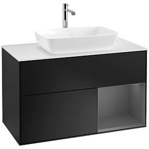 Villeroy und Boch Finion Waschtischunterschrank F781GKPD 100cm, Abdeckplatte white matt, Regale Anthracite matt lacquer, Black matt lacquer