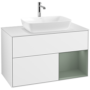 Villeroy und Boch Finion Waschtischunterschrank F781GMGF 100cm, Abdeckplatte white matt, Regale Olive matt lacquer, Glossy white lacquer