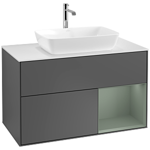 Villeroy und Boch Finion Waschtischunterschrank F781GMGK 100cm, Abdeckplatte white matt, Regale Olive matt lacquer, Anthracite matt