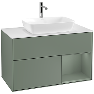 Villeroy und Boch Finion Waschtischunterschrank F781GMGM 100cm, Abdeckplatte white matt, Regale Olive matt lacquer, Olive Matt Lacquer