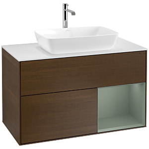Villeroy und Boch Finion Waschtischunterschrank F781GMGN 100cm, Abdeckplatte white matt, Regale Olive matt lacquer, Walnut veneer