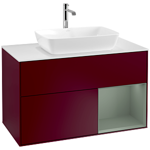 Villeroy und Boch Finion Waschtischunterschrank F781GMHB 100cm, Abdeckplatte white matt, Regale Olive matt lacquer, Peony Matt