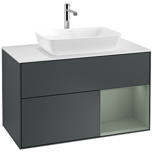Villeroy und Boch Finion Waschtischunterschrank F781GMHG 100cm, Abdeckplatte white matt, Regale Olive matt lacquer, Midnight Blue Matt Lacquer