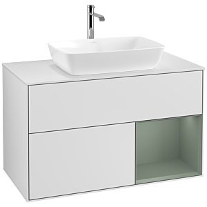 Villeroy und Boch Finion Waschtischunterschrank F781GMMT 100cm, Abdeckplatte white matt, Regale Olive matt lacquer, White matt lacquer