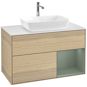 Villeroy und Boch Finion Waschtischunterschrank F781GMPC 100cm, Abdeckplatte white matt, Regale Olive matt lacquer, Oak Veneer