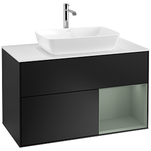 Villeroy und Boch Finion Waschtischunterschrank F781GMPD 100cm, Abdeckplatte white matt, Regale Olive matt lacquer, Black matt lacquer