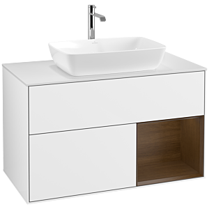Villeroy und Boch Finion Waschtischunterschrank F781GNGF 100cm, Abdeckplatte white matt, Regale Walnut Veneer, Glossy white lacquer