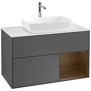 Villeroy und Boch Finion Waschtischunterschrank F781GNGK 100cm, Abdeckplatte white matt, Regale Walnut Veneer, Anthracite matt
