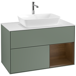 Villeroy und Boch Finion Waschtischunterschrank F781GNGM 100cm, Abdeckplatte white matt, Regale Walnut Veneer, Olive Matt Lacquer