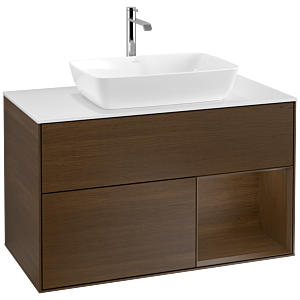 Villeroy und Boch Finion Waschtischunterschrank F781GNGN 100cm, Abdeckplatte white matt, Regale Walnut Veneer, Walnut veneer
