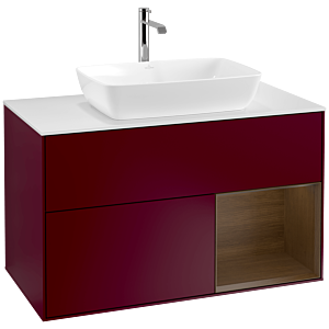 Villeroy und Boch Finion Waschtischunterschrank F781GNHB 100cm, Abdeckplatte white matt, Regale Walnut Veneer, Peony Matt