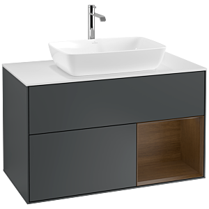 Villeroy und Boch Finion Waschtischunterschrank F781GNHG 100cm, Abdeckplatte white matt, Regale Walnut Veneer, Midnight Blue Matt Lacquer