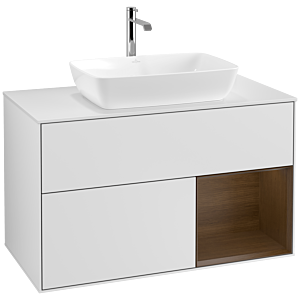 Villeroy und Boch Finion Waschtischunterschrank F781GNMT 100cm, Abdeckplatte white matt, Regale Walnut Veneer, White matt lacquer