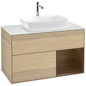 Villeroy und Boch Finion Waschtischunterschrank F781GNPC 100cm, Abdeckplatte white matt, Regale Walnut Veneer, Oak Veneer