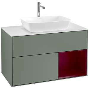 Villeroy et Boch Finion Villeroy et Boch F781HBGM 100cm, plaque de finition blanc mat, étagères Peony laqué mat, Olive Matt Lacquer