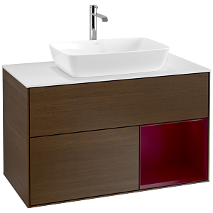 Villeroy und Boch Finion Waschtischunterschrank F781HBGN 100cm, Abdeckplatte white matt, Regale Peony matt lacquer, Walnut veneer
