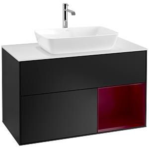 Villeroy et Boch Finion Villeroy et Boch F781HBPD 100cm, plaque de recouvrement blanc mat, étagères Peony laqué mat, laqué noir mat