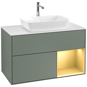 Villeroy et Boch Finion Villeroy et Boch F781HFGM 100cm, plaque de recouvrement blanc mat, étagères laqué or mat, Olive Matt Lacquer