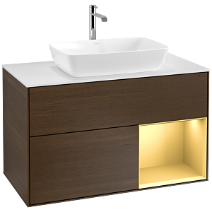 Villeroy und Boch Finion Waschtischunterschrank F781HFGN 100cm, Abdeckplatte white matt, Regale Gold matt lacquer, Walnut veneer