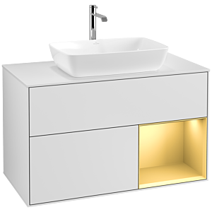 Villeroy et Boch Finion Villeroy et Boch F781HFMT 100cm, plaque de recouvrement blanc mat, étagères laqué mat doré, laqué mat blanc