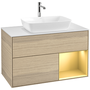 Villeroy und Boch Finion Waschtischunterschrank F781HFPC 100cm, Abdeckplatte white matt, Regale Gold matt lacquer, Oak Veneer