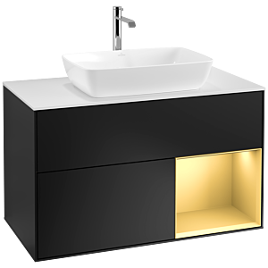 Villeroy et Boch Finion Villeroy et Boch F781HFPD 100cm, plaque de recouvrement blanc mat, étagères laqué or mat, laqué noir mat