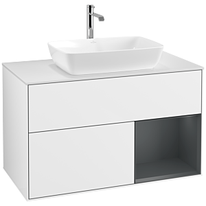 Villeroy und Boch Finion Waschtischunterschrank F781HGGF 100cm, Abdeckplatte white matt, Regale Midnight matt lacquer, Glossy white lacquer