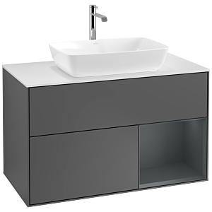 Villeroy und Boch Finion Waschtischunterschrank F781HGGK 100cm, Abdeckplatte white matt, Regale Midnight matt lacquer, Anthracite matt