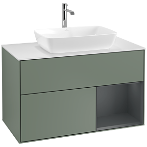 Villeroy und Boch Finion Waschtischunterschrank F781HGGM 100cm, Abdeckplatte white matt, Regale Midnight matt lacquer, Olive Matt Lacquer