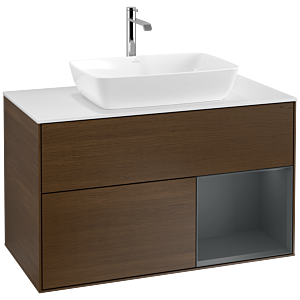 Villeroy et Boch Finion Villeroy et Boch F781HGGN 100cm, plaque de finition blanc mat, étagères laqué mat minuit, placage noyer