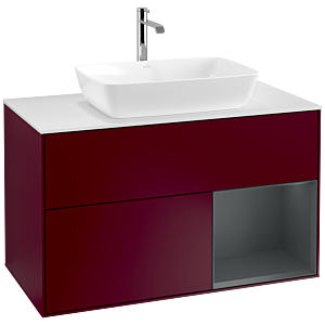 Villeroy und Boch Finion Waschtischunterschrank F781HGHB 100cm, Abdeckplatte white matt, Regale Midnight matt lacquer, Peony Matt