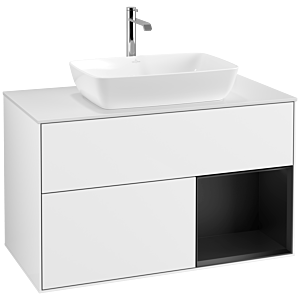 Villeroy et Boch Finion Villeroy et Boch F781PDGF 100cm, plaque de finition blanc mat, étagères laqué noir mat, laqué blanc brillant